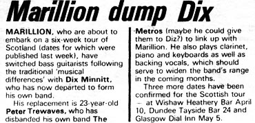 Report - ''Marillion dump Diz'' - March 1982